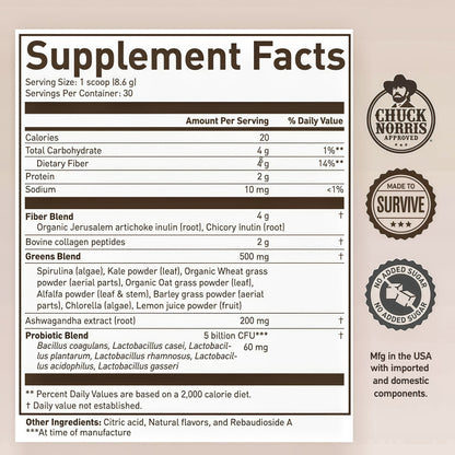 ROUNDHOUSE PROVISION Morning Kick, Zero Sugar Greens Superfood Powder Supplement with Ashwagandha, Collagen, Probiotics, Debloat Drink,  (Strawberry Lemonade) by Chuck Norris